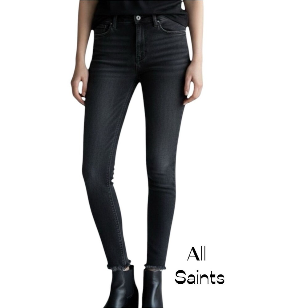 All Saints Grace Black Medium Wash Raw Hem Ankle Slim Jeans Size 29
